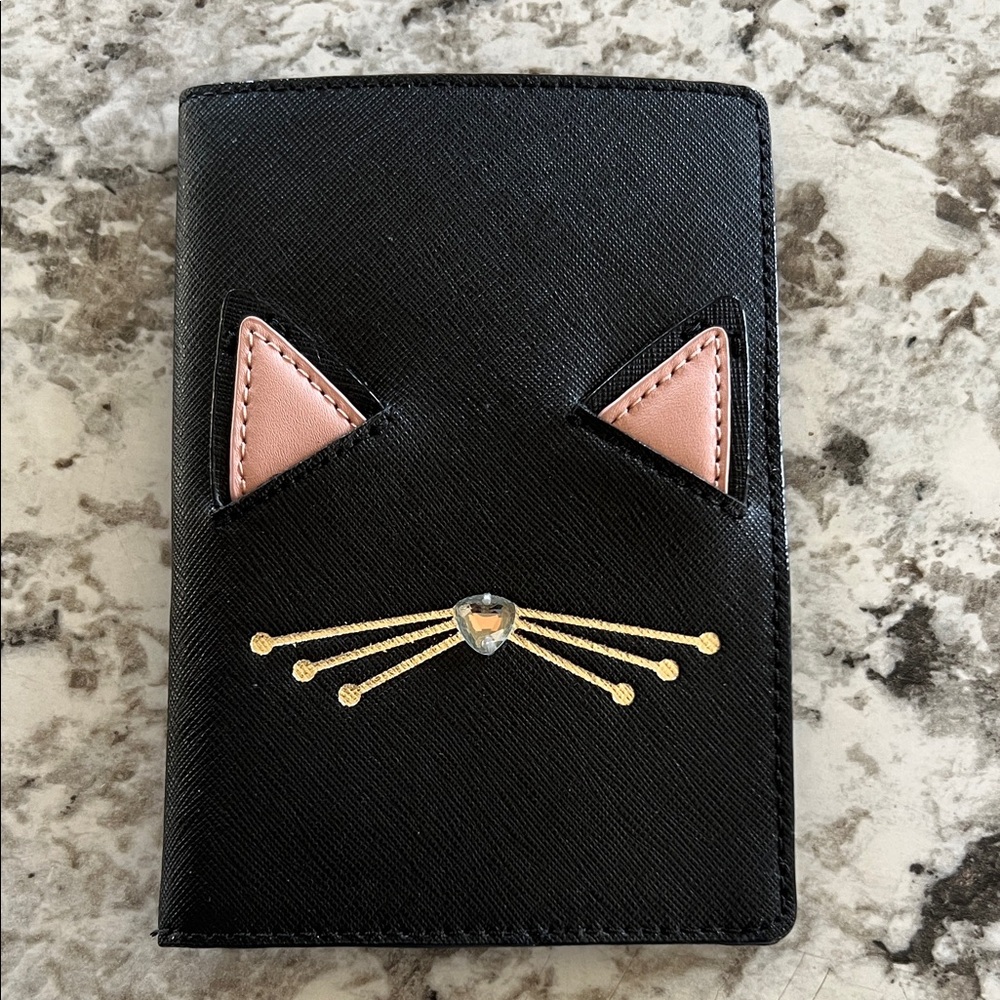 Kate Spade Jazz Cat Passport Cover with Pink Ear Accents and Gold Whisker